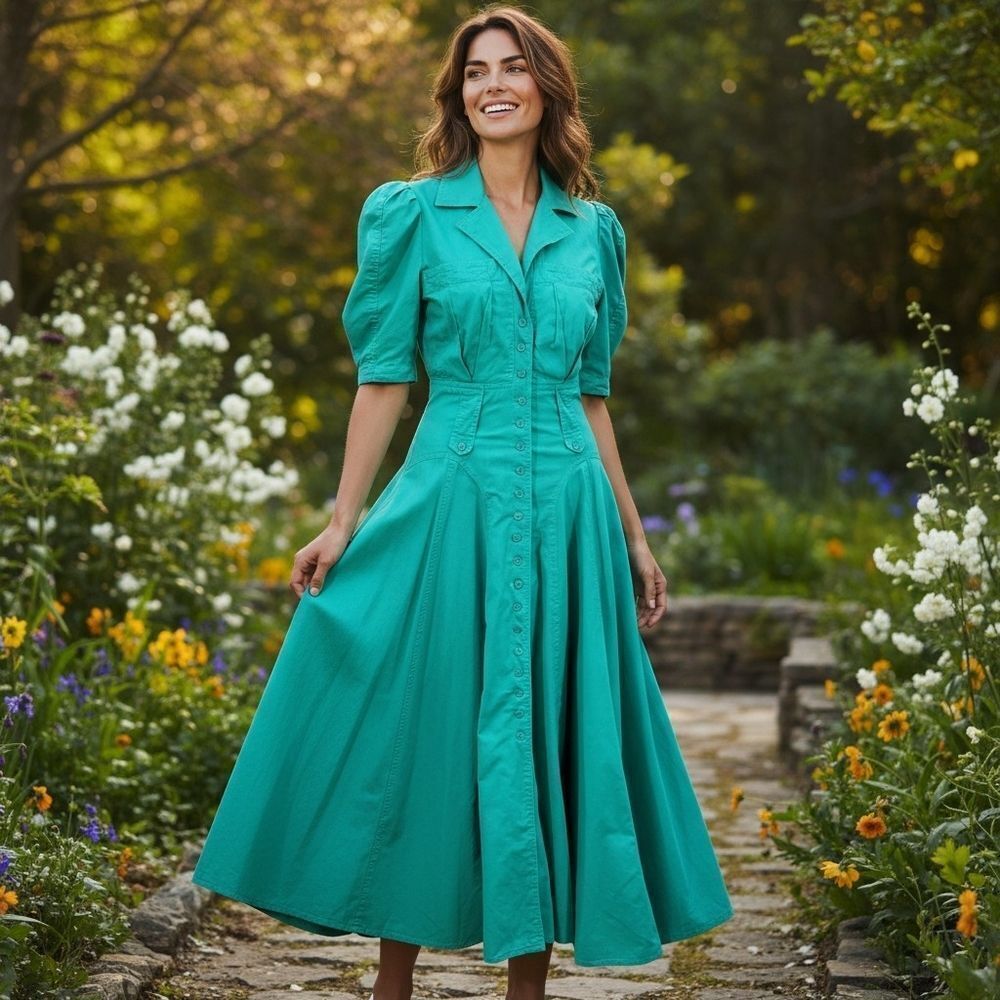 Karen Alexander Vintage Teal Button Up Dress Puffed Sleeve Full Sweep Skirt